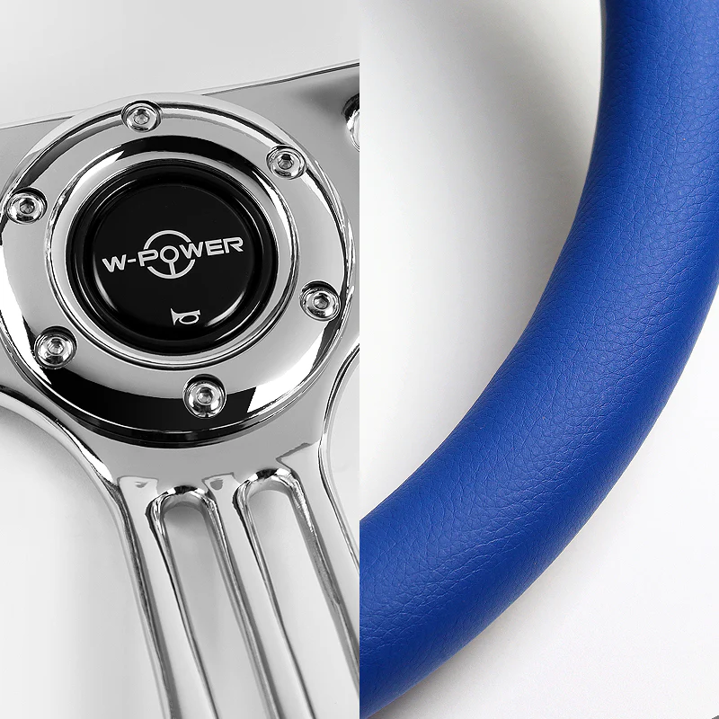 W-Power 14" 350mm 6-Bolt Hole Vintage Style Blue Leather Grip With Aluminum Finished 3-Spoke 3 Inches Deep Dish Steering Wheel -Chrome Center Spoke - Image 3