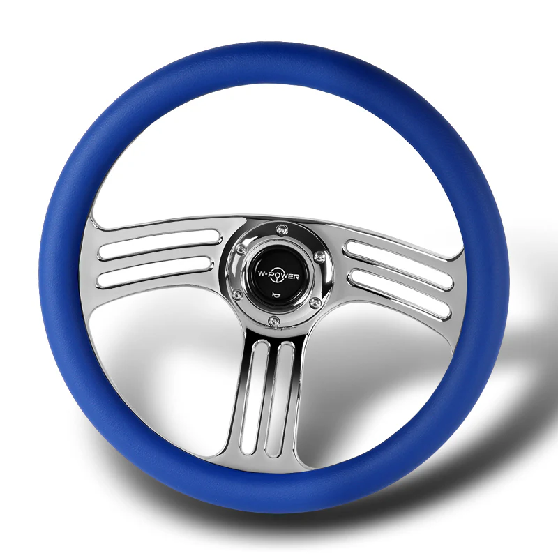 W-Power 14" 350mm 6-Bolt Hole Vintage Style Blue Leather Grip With Aluminum Finished 3-Spoke 3 Inches Deep Dish Steering Wheel -Chrome Center Spoke - Image 4