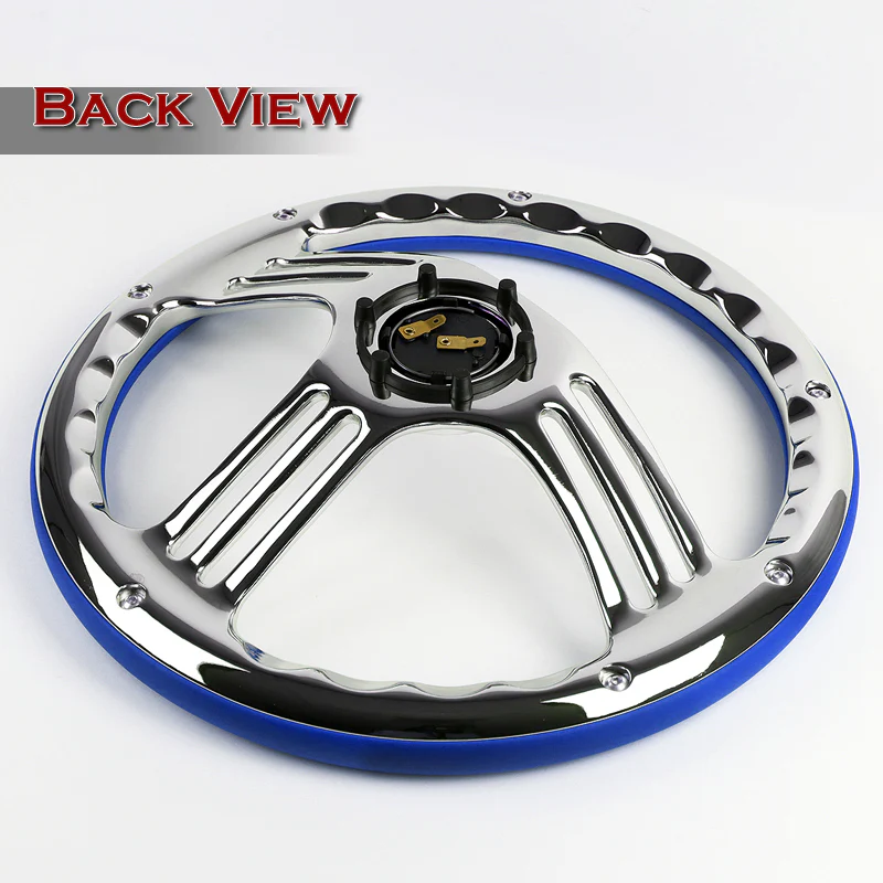 W-Power 14" 350mm 6-Bolt Hole Vintage Style Blue Leather Grip With Aluminum Finished 3-Spoke 3 Inches Deep Dish Steering Wheel -Chrome Center Spoke - Image 5