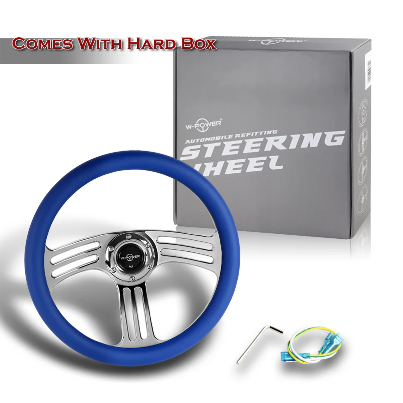 W-Power 14" 350mm 6-Bolt Hole Vintage Style Blue Leather Grip With Aluminum Finished 3-Spoke 3 Inches Deep Dish Steering Wheel -Chrome Center Spoke - Image 6