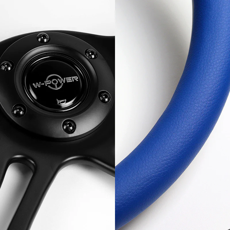 W-Power 14" 350mm 6-Bolt Hole Vintage Style Blue Leather Grip With Aluminum Finished 3-Spoke Steering Wheel -Black Center Spoke - Image 3
