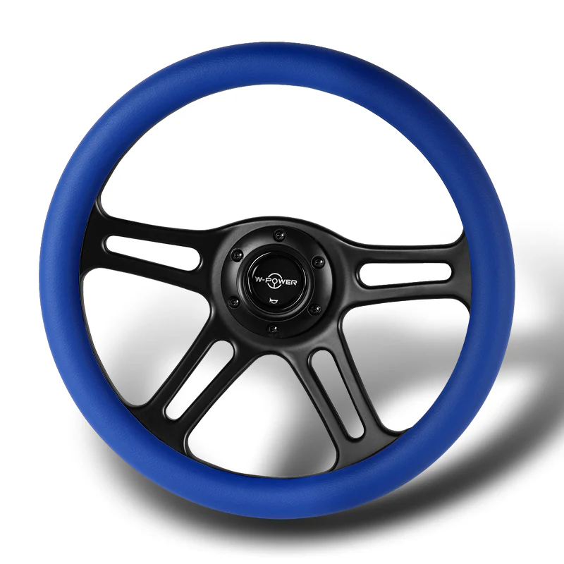 W-Power 14" 350mm 6-Bolt Hole Vintage Style Blue Leather Grip With Aluminum Finished 3-Spoke Steering Wheel -Black Center Spoke - Image 4
