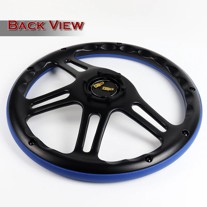 W-Power 14" 350mm 6-Bolt Hole Vintage Style Blue Leather Grip With Aluminum Finished 3-Spoke Steering Wheel -Black Center Spoke - Image 5