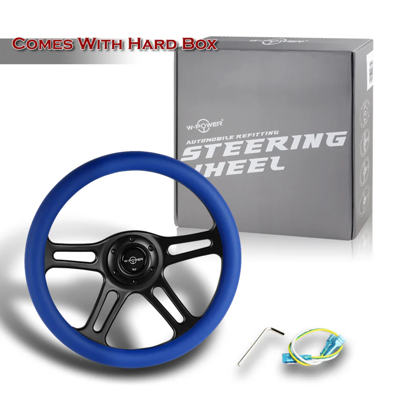 W-Power 14" 350mm 6-Bolt Hole Vintage Style Blue Leather Grip With Aluminum Finished 3-Spoke Steering Wheel -Black Center Spoke - Image 6