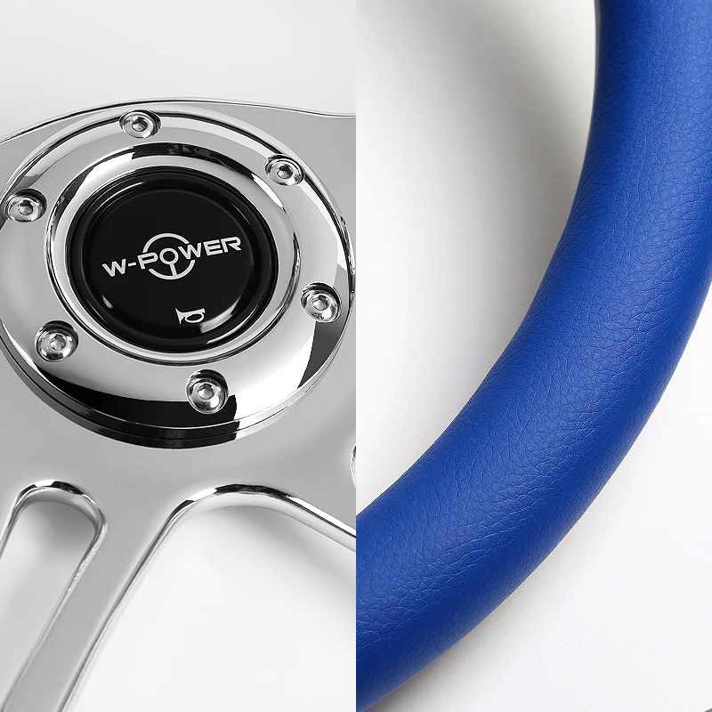 W-Power 14" 350mm 6-Bolt Hole Vintage Style Blue Leather Grip With Aluminum Finished 3-Spoke Steering Wheel -Chrome Center Spoke - Image 3