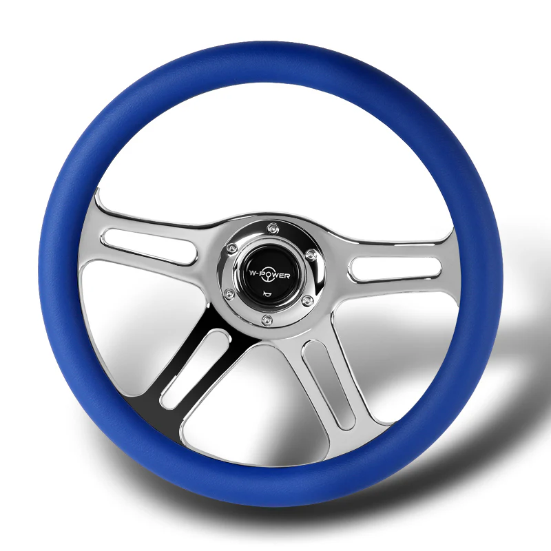W-Power 14" 350mm 6-Bolt Hole Vintage Style Blue Leather Grip With Aluminum Finished 3-Spoke Steering Wheel -Chrome Center Spoke - Image 4