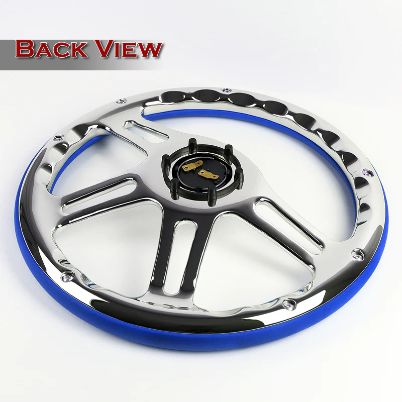 W-Power 14" 350mm 6-Bolt Hole Vintage Style Blue Leather Grip With Aluminum Finished 3-Spoke Steering Wheel -Chrome Center Spoke - Image 5