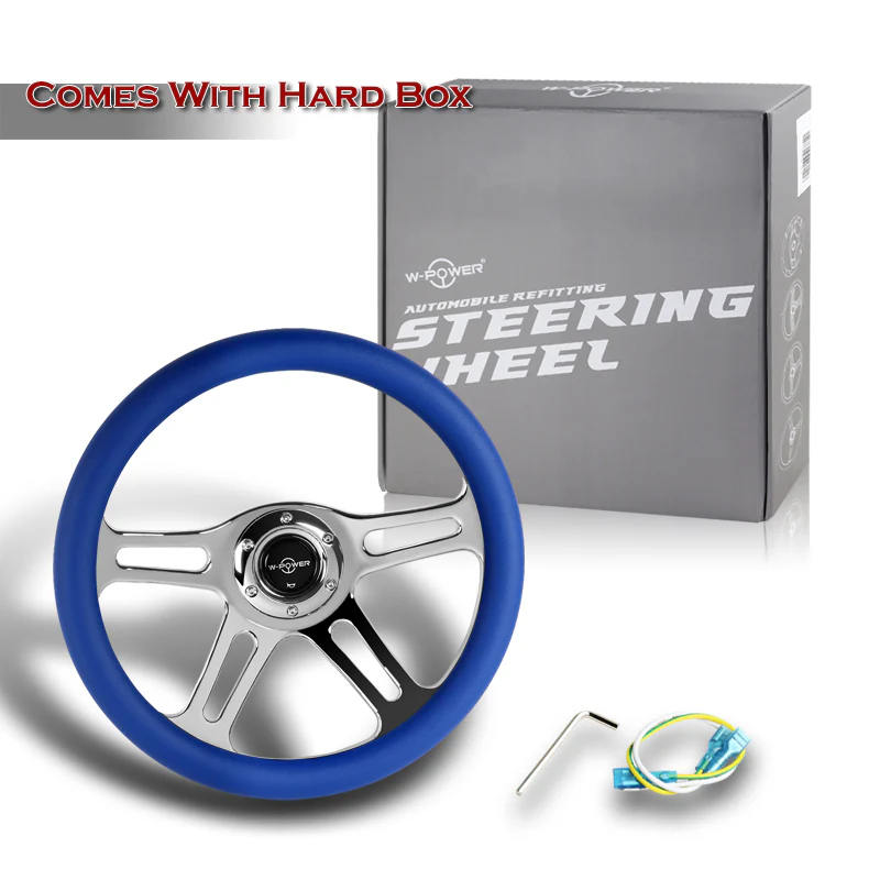 W-Power 14" 350mm 6-Bolt Hole Vintage Style Blue Leather Grip With Aluminum Finished 3-Spoke Steering Wheel -Chrome Center Spoke - Image 6