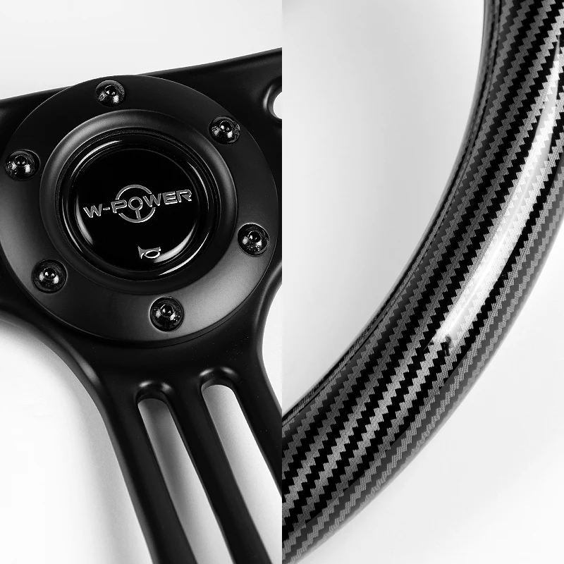 W-Power 14" 350mm 6-Bolt Hole Vintage Style Carbon Fiber Look Style Grain Grip With Aluminum Finished 3-Spoke 3 Inches Deep Dish Steering Wheel -Black Center Spoke - Image 3