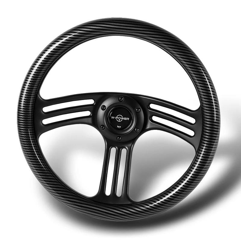 W-Power 14" 350mm 6-Bolt Hole Vintage Style Carbon Fiber Look Style Grain Grip With Aluminum Finished 3-Spoke 3 Inches Deep Dish Steering Wheel -Black Center Spoke - Image 4