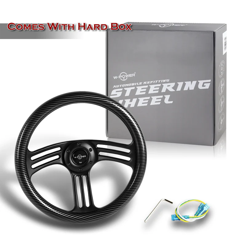 W-Power 14" 350mm 6-Bolt Hole Vintage Style Carbon Fiber Look Style Grain Grip With Aluminum Finished 3-Spoke 3 Inches Deep Dish Steering Wheel -Black Center Spoke - Image 6
