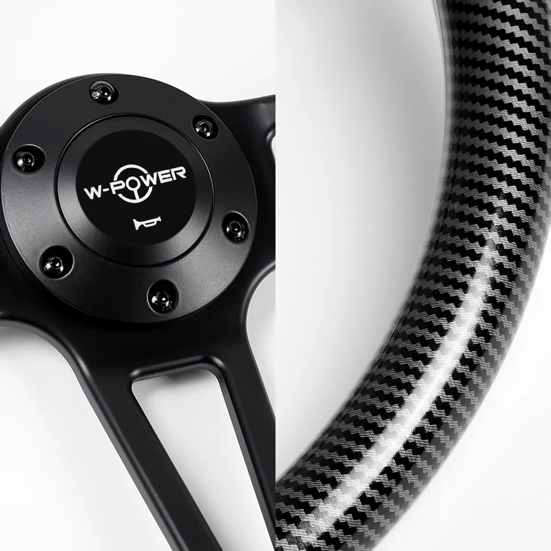 W-Power 14" 350mm 6-Bolt Hole Vintage Style Carbon Fiber Look Style Grain Grip With Aluminum Finished 3-Spoke Steering Wheel -Black Center Spoke - Image 3