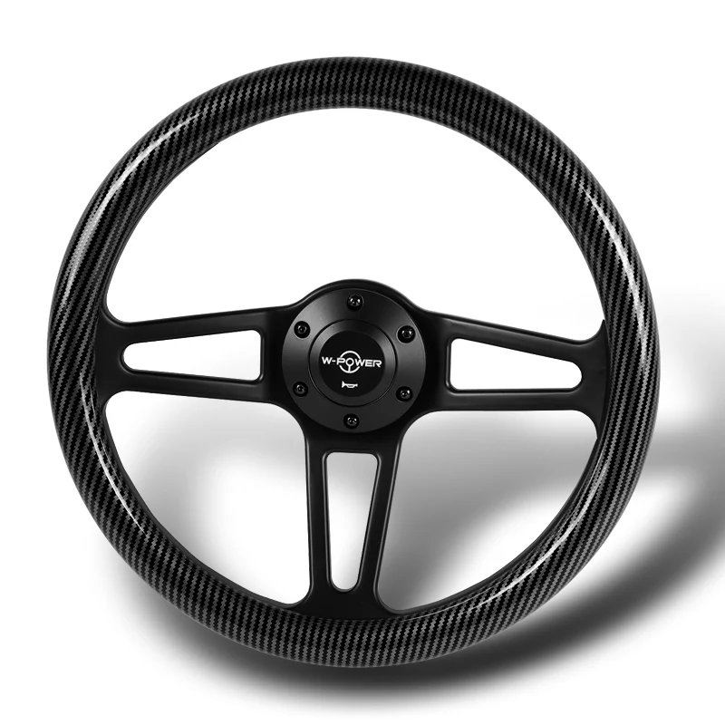 W-Power 14" 350mm 6-Bolt Hole Vintage Style Carbon Fiber Look Style Grain Grip With Aluminum Finished 3-Spoke Steering Wheel -Black Center Spoke - Image 4