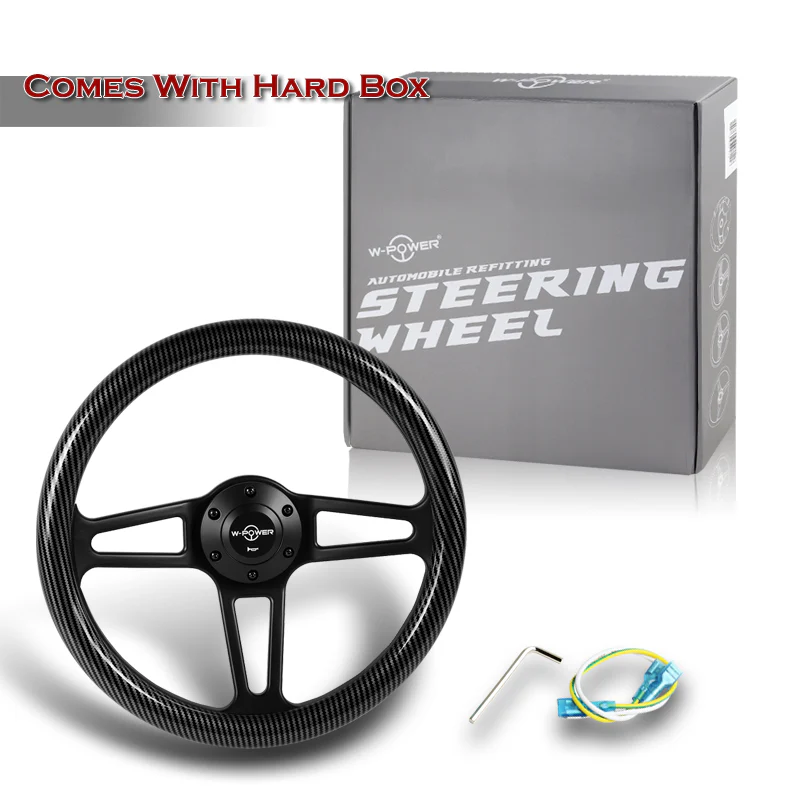 W-Power 14" 350mm 6-Bolt Hole Vintage Style Carbon Fiber Look Style Grain Grip With Aluminum Finished 3-Spoke Steering Wheel -Black Center Spoke - Image 6