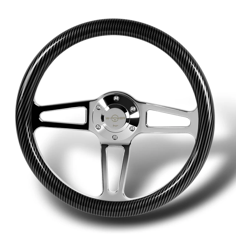 W-Power 14" 350mm 6-Bolt Hole Vintage Style Carbon Fiber Look Style Grain Grip With Aluminum Finished 3-Spoke Steering Wheel -Chrome Center Spoke - Image 4