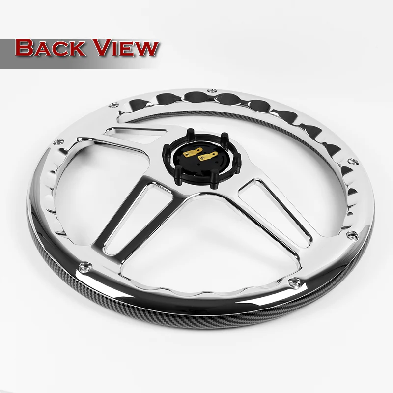 W-Power 14" 350mm 6-Bolt Hole Vintage Style Carbon Fiber Look Style Grain Grip With Aluminum Finished 3-Spoke Steering Wheel -Chrome Center Spoke - Image 5