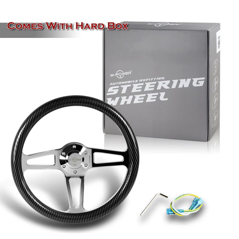 W-Power 14" 350mm 6-Bolt Hole Vintage Style Carbon Fiber Look Style Grain Grip With Aluminum Finished 3-Spoke Steering Wheel -Chrome Center Spoke - Image 6