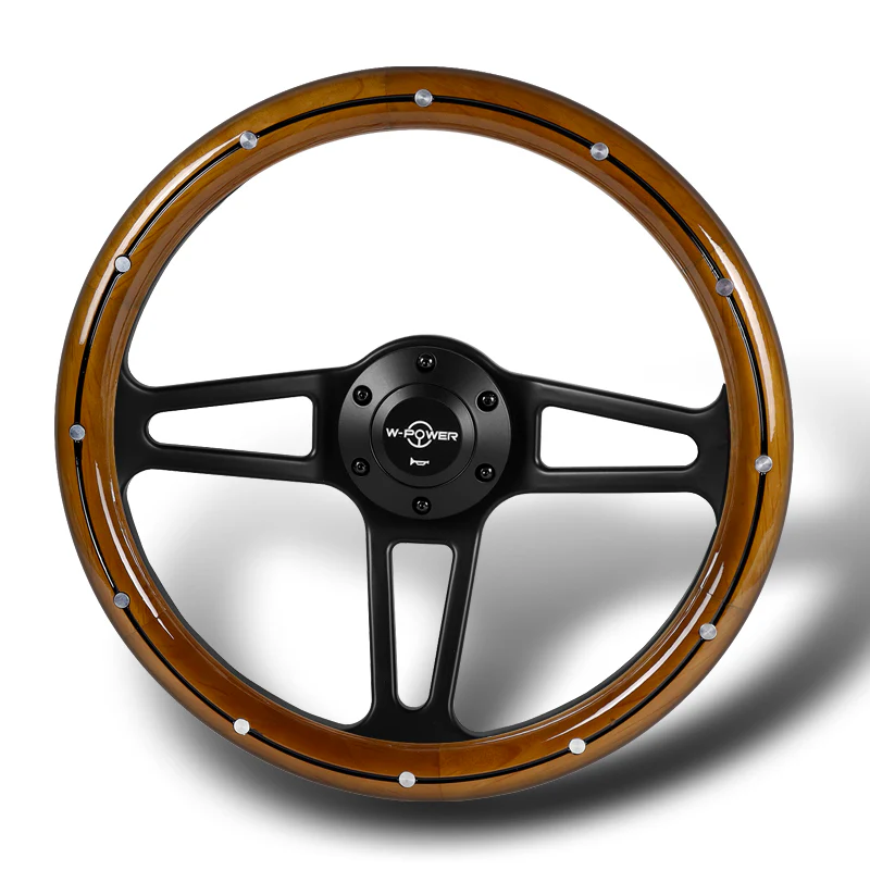 W-Power 14" 350mm 6-Bolt Hole Vintage Style Classic Dark Wood Grip With Billet Stripe Aluminum Finished 3-Spoke Steering Wheel -Black Center Spoke - Image 3