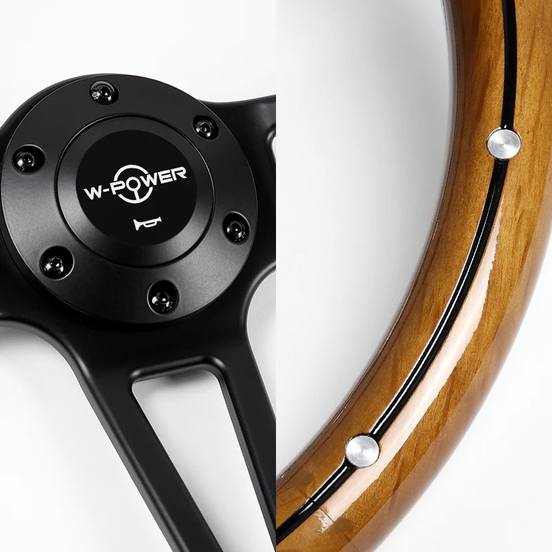 W-Power 14" 350mm 6-Bolt Hole Vintage Style Classic Dark Wood Grip With Billet Stripe Aluminum Finished 3-Spoke Steering Wheel -Black Center Spoke - Image 4
