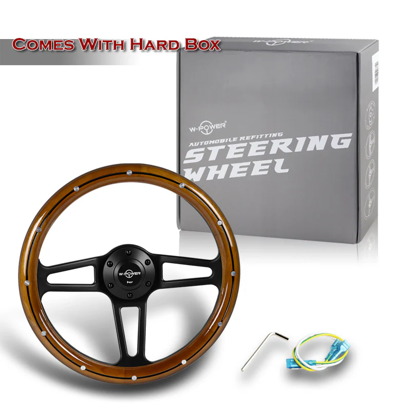 W-Power 14" 350mm 6-Bolt Hole Vintage Style Classic Dark Wood Grip With Billet Stripe Aluminum Finished 3-Spoke Steering Wheel -Black Center Spoke - Image 6