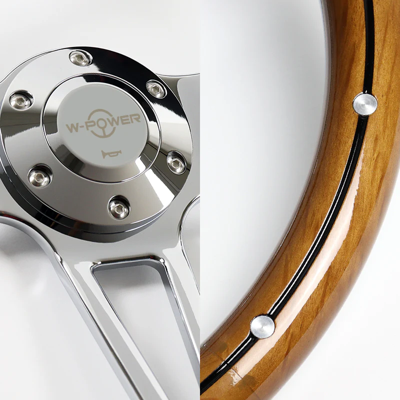 W-Power 14" 350mm 6-Bolt Hole Vintage Style Classic Dark Wood Grip With Billet Stripe Aluminum Finished 3-Spoke Steering Wheel -Chrome Center Spoke - Image 3