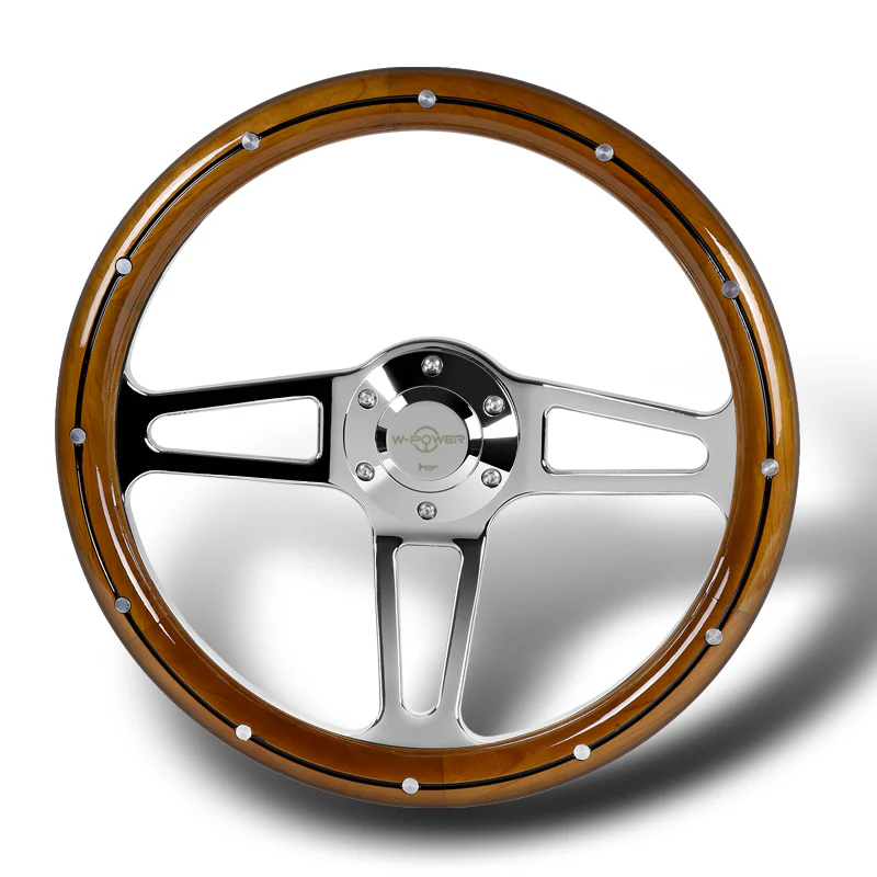 W-Power 14" 350mm 6-Bolt Hole Vintage Style Classic Dark Wood Grip With Billet Stripe Aluminum Finished 3-Spoke Steering Wheel -Chrome Center Spoke - Image 4