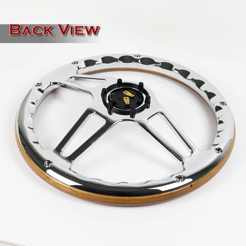W-Power 14" 350mm 6-Bolt Hole Vintage Style Classic Dark Wood Grip With Billet Stripe Aluminum Finished 3-Spoke Steering Wheel -Chrome Center Spoke - Image 5