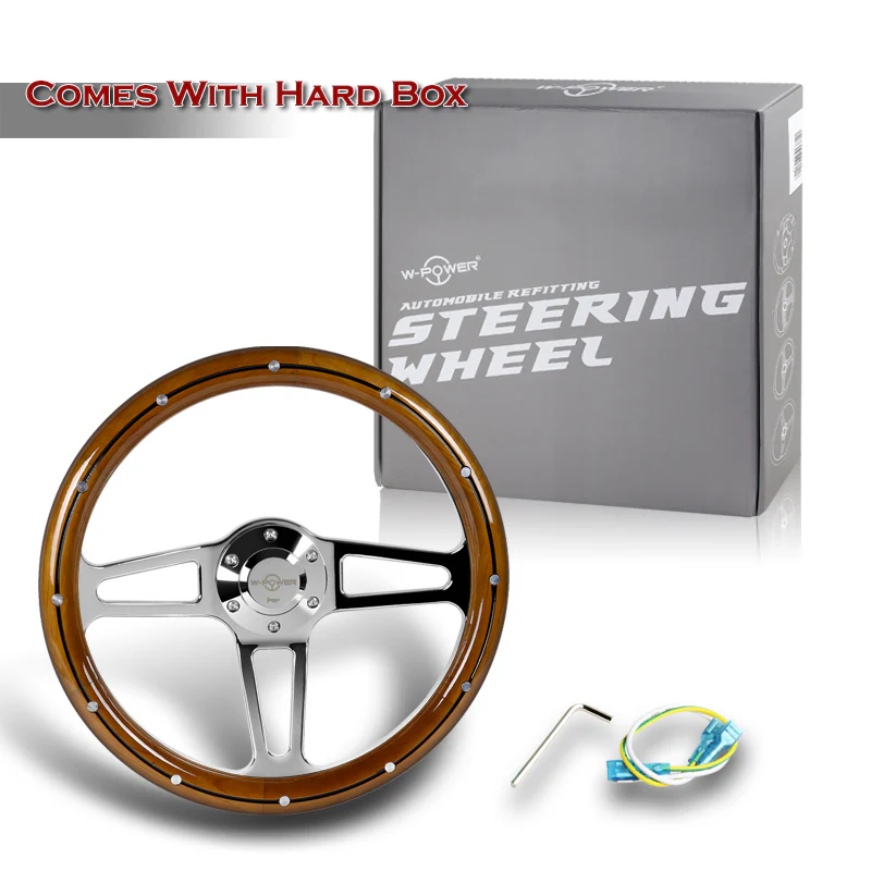 W-Power 14" 350mm 6-Bolt Hole Vintage Style Classic Dark Wood Grip With Billet Stripe Aluminum Finished 3-Spoke Steering Wheel -Chrome Center Spoke - Image 6