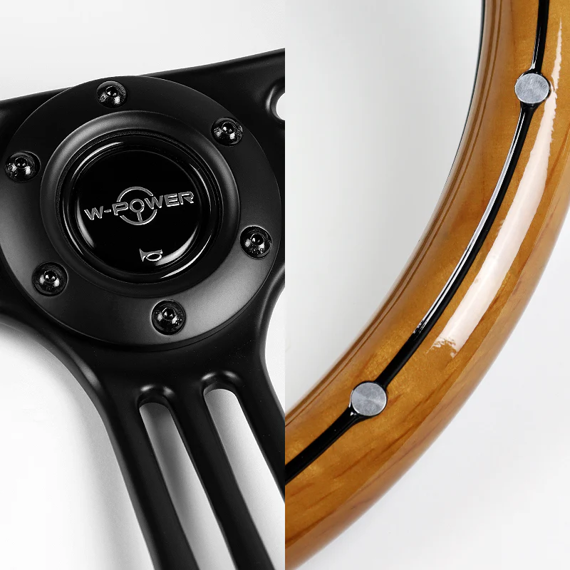 W-Power 14" 350mm 6-Bolt Hole Vintage Style Dark Wood Grip With Aluminum Finished 3-Spoke 3 Inches Deep Dish Steering Wheel -Black Center Spoke - Image 3