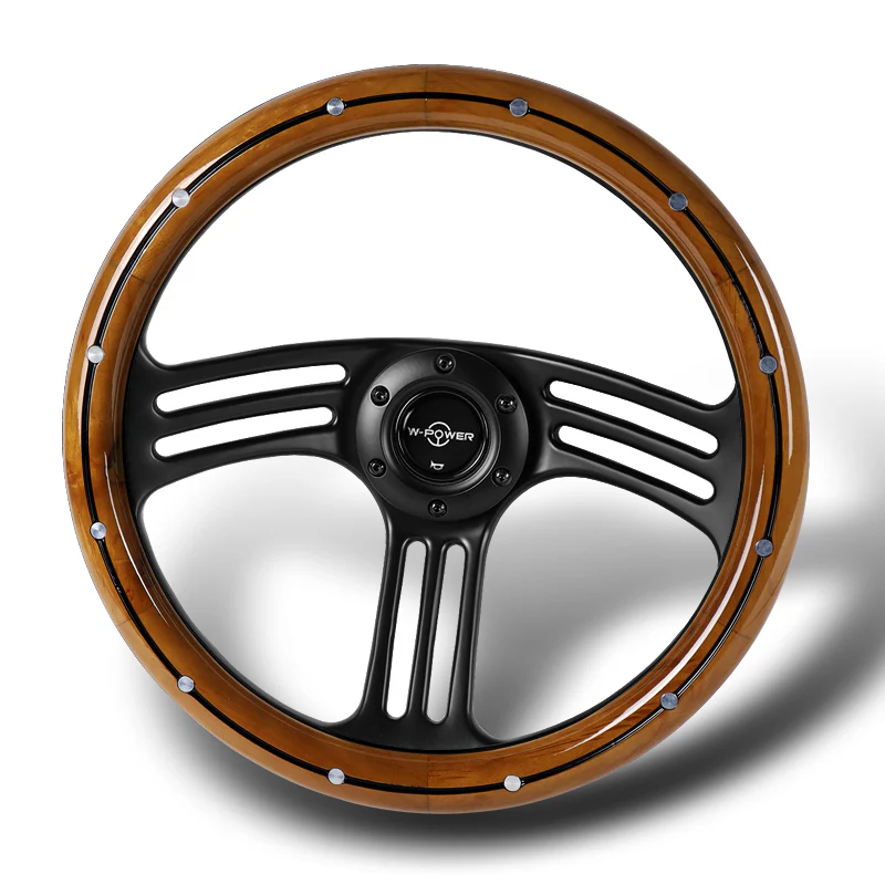 W-Power 14" 350mm 6-Bolt Hole Vintage Style Dark Wood Grip With Aluminum Finished 3-Spoke 3 Inches Deep Dish Steering Wheel -Black Center Spoke - Image 4