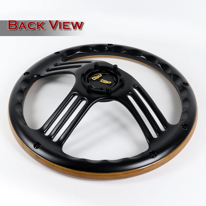 W-Power 14" 350mm 6-Bolt Hole Vintage Style Dark Wood Grip With Aluminum Finished 3-Spoke 3 Inches Deep Dish Steering Wheel -Black Center Spoke - Image 5