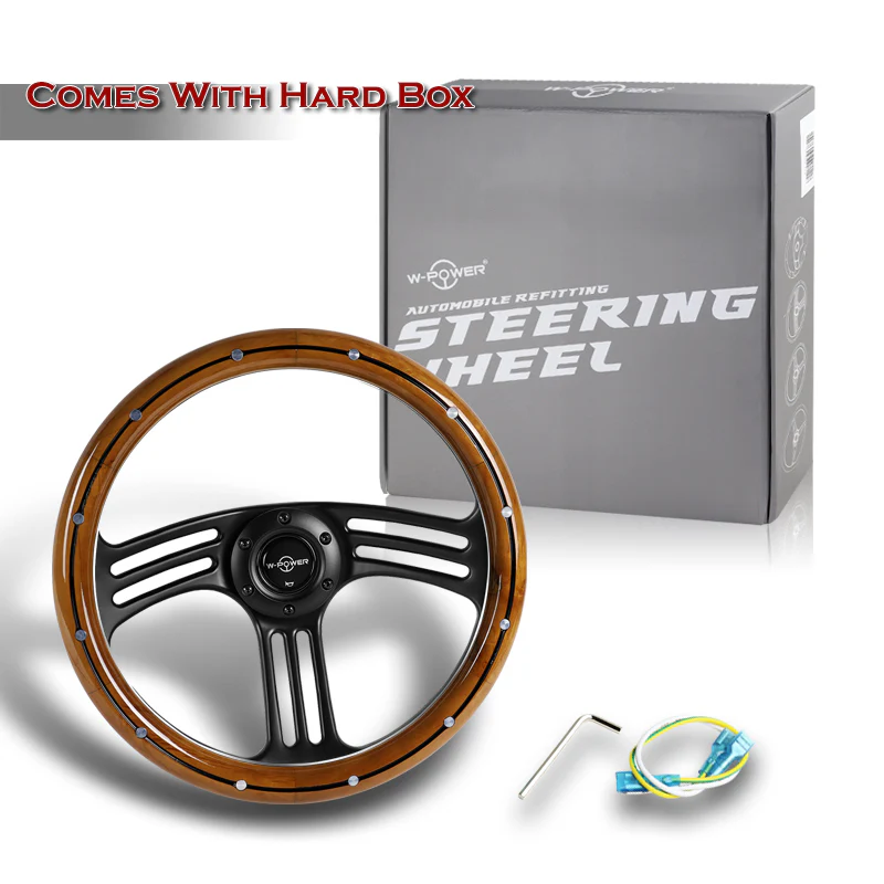 W-Power 14" 350mm 6-Bolt Hole Vintage Style Dark Wood Grip With Aluminum Finished 3-Spoke 3 Inches Deep Dish Steering Wheel -Black Center Spoke - Image 6