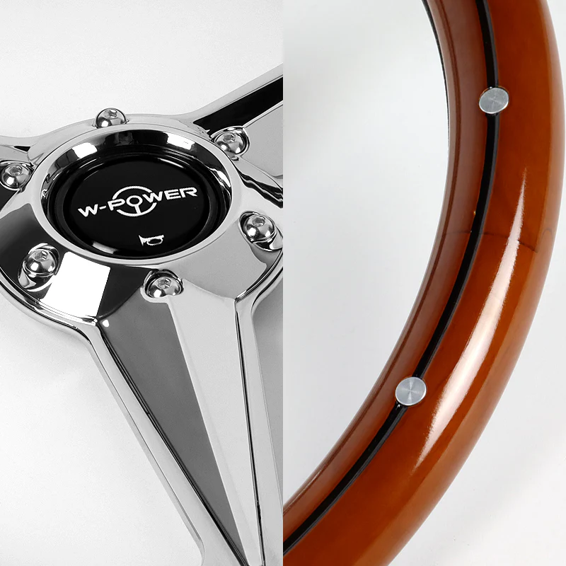 W-Power 14" 350mm 6-Bolt Hole Vintage Style Dark Wood Mahogany With Billet Stripe Grain Grip Aluminum Finished 3-Spoke Steering Wheel - Image 3