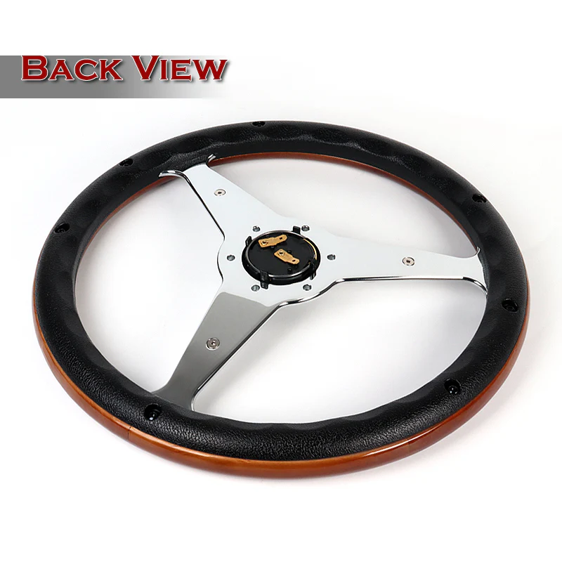 W-Power 14" 350mm 6-Bolt Hole Vintage Style Dark Wood Mahogany With Billet Stripe Grain Grip Aluminum Finished 3-Spoke Steering Wheel - Image 4