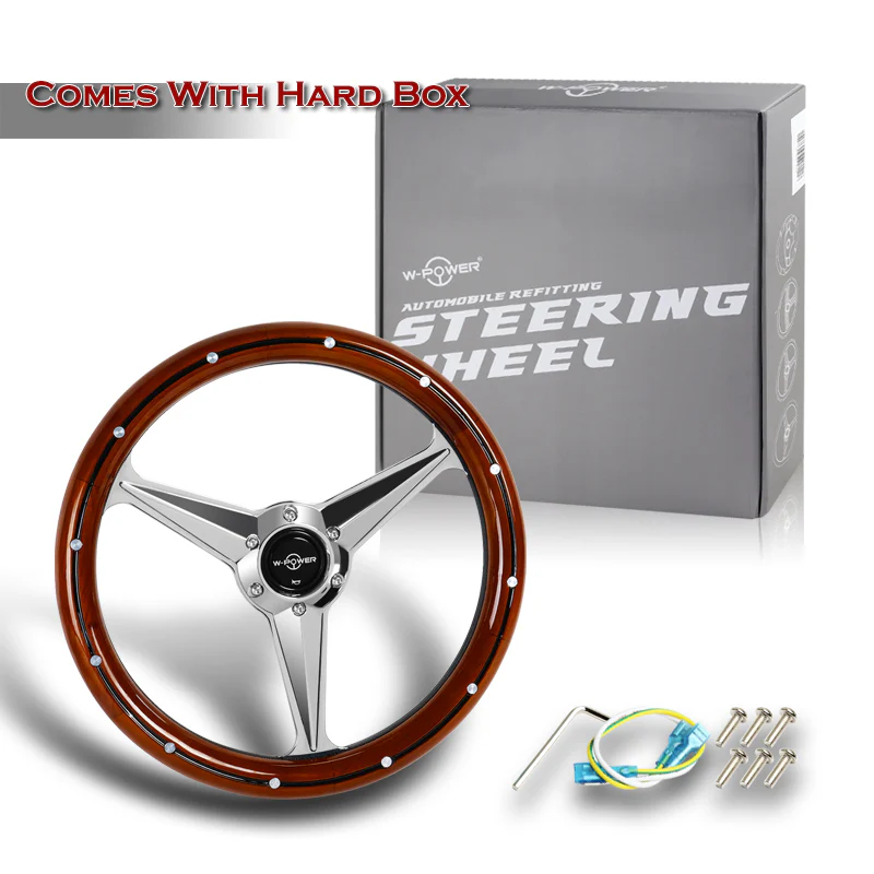W-Power 14" 350mm 6-Bolt Hole Vintage Style Dark Wood Mahogany With Billet Stripe Grain Grip Aluminum Finished 3-Spoke Steering Wheel - Image 5