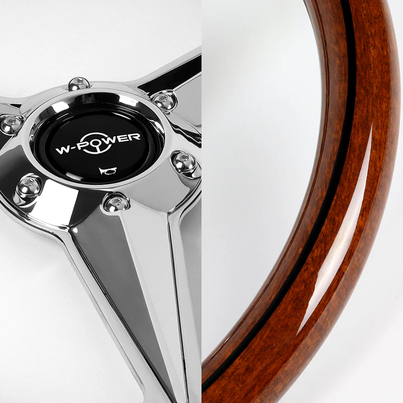 W-Power 14" 350mm 6-Bolt Hole Vintage Style Dark Wood Mahogany With Black Line Grain Grip Aluminum Finished 3-Spoke Steering Wheel - Image 3