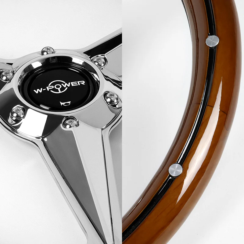 W-Power 14" 350mm 6-Bolt Hole Vintage Style Dark Wood With Billet Stripe Grip Aluminum Finished 3-Spoke Steering Wheel - Image 3