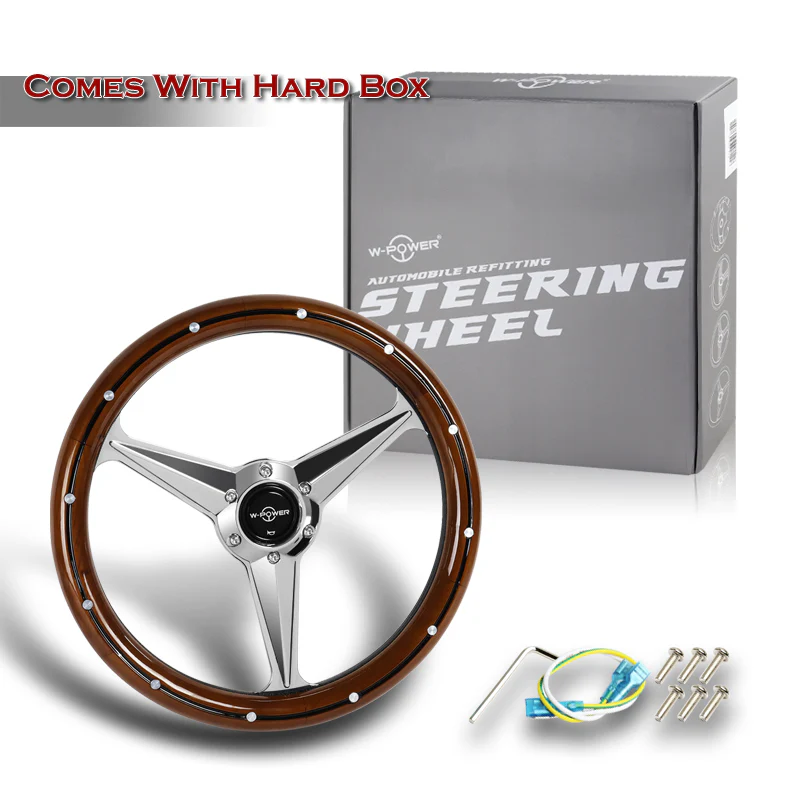 W-Power 14" 350mm 6-Bolt Hole Vintage Style Dark Wood With Billet Stripe Grip Aluminum Finished 3-Spoke Steering Wheel - Image 5