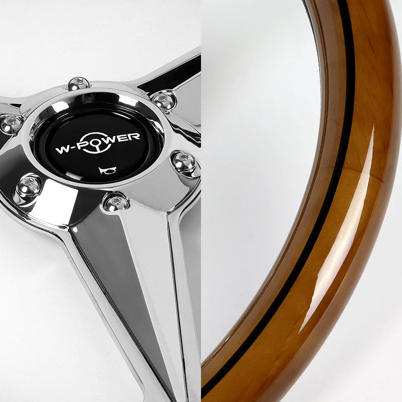 W-Power 14" 350mm 6-Bolt Hole Vintage Style Wood With Black Line Grip Aluminum Finished 3-Spoke Steering Wheel - Image 3