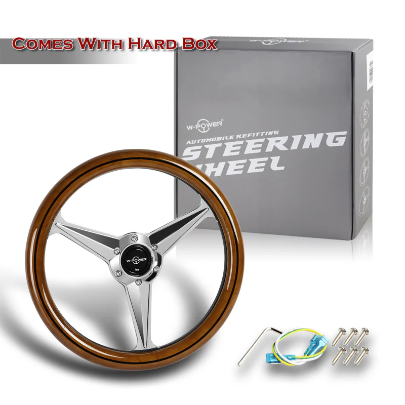 W-Power 14" 350mm 6-Bolt Hole Vintage Style Wood With Black Line Grip Aluminum Finished 3-Spoke Steering Wheel - Image 5