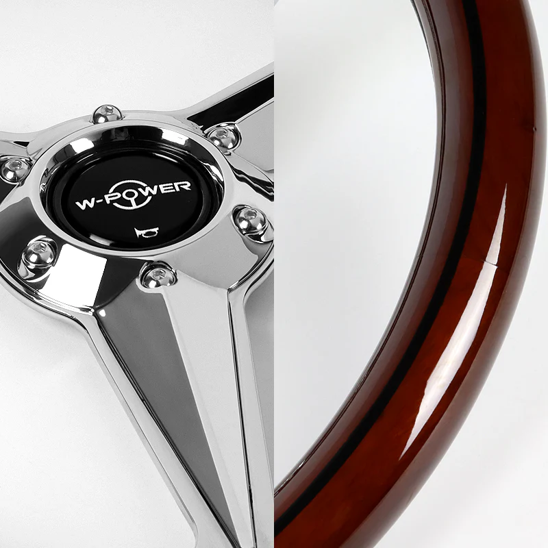 W-Power 14" 350mm 6-Bolt Hole Vintage Style Dark Wood With Black Line Grip Aluminum Finished 3-Spoke Steering Wheel - Image 3