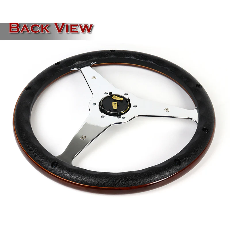 W-Power 14" 350mm 6-Bolt Hole Vintage Style Dark Wood With Black Line Grip Aluminum Finished 3-Spoke Steering Wheel - Image 4