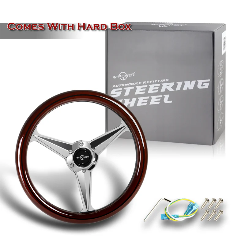 W-Power 14" 350mm 6-Bolt Hole Vintage Style Dark Wood With Black Line Grip Aluminum Finished 3-Spoke Steering Wheel - Image 5