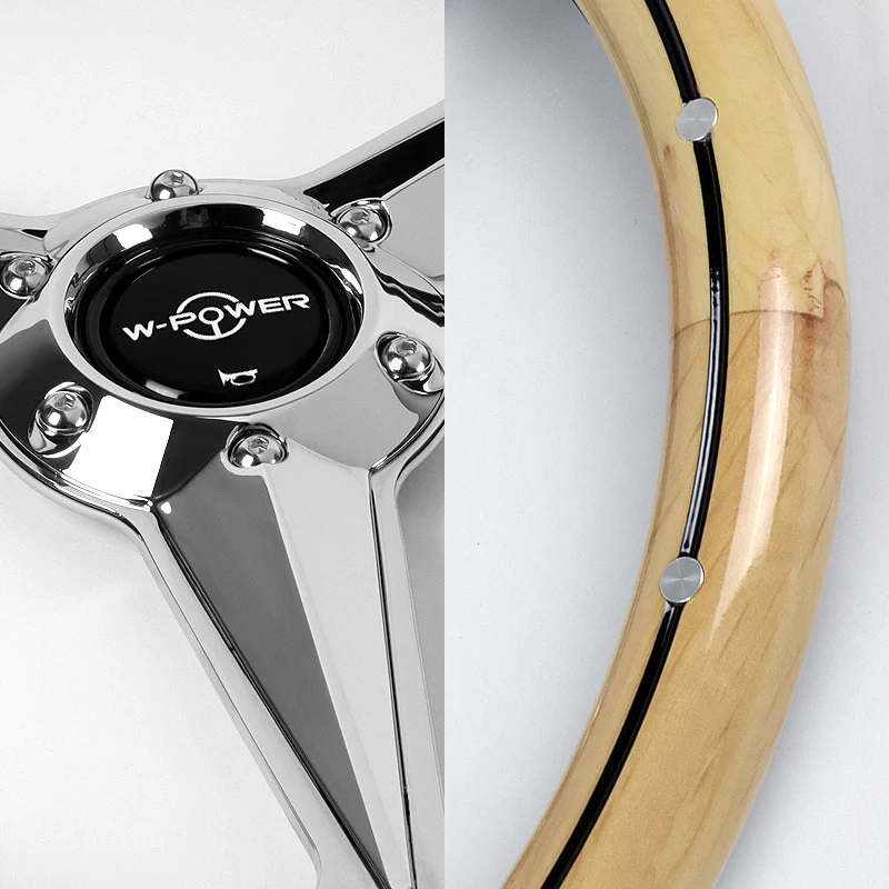 W-Power 14" 350mm 6-Bolt Hole Vintage Style Oak Wood With Billet Stripe Grip Aluminum Finished 3-Spoke Steering Wheel - Image 3
