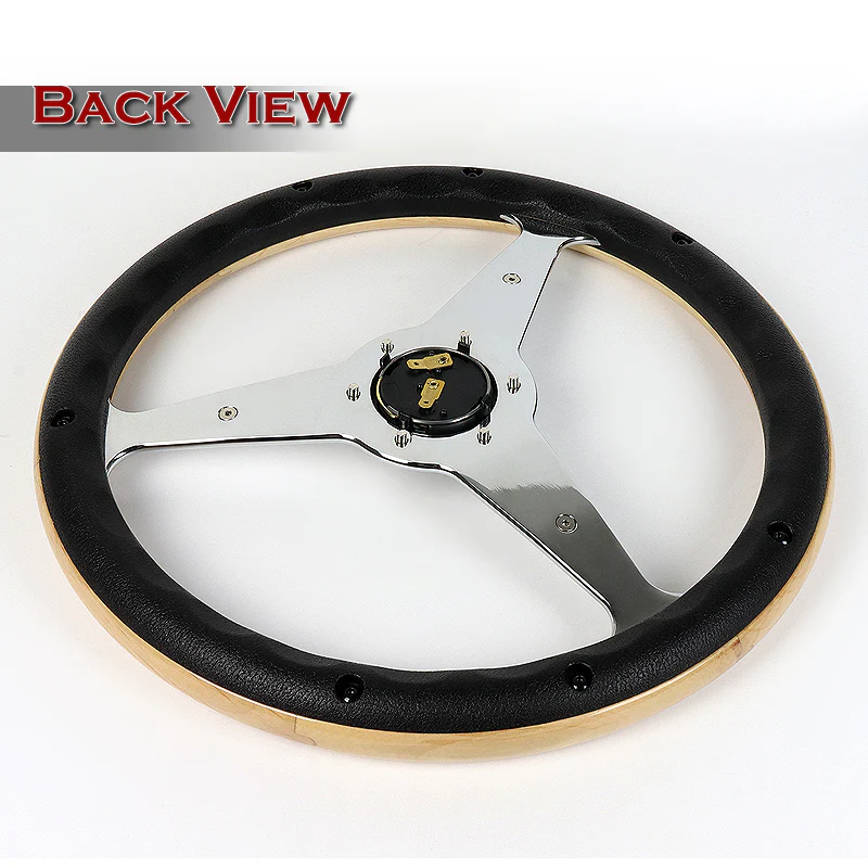 W-Power 14" 350mm 6-Bolt Hole Vintage Style Oak Wood With Billet Stripe Grip Aluminum Finished 3-Spoke Steering Wheel - Image 4