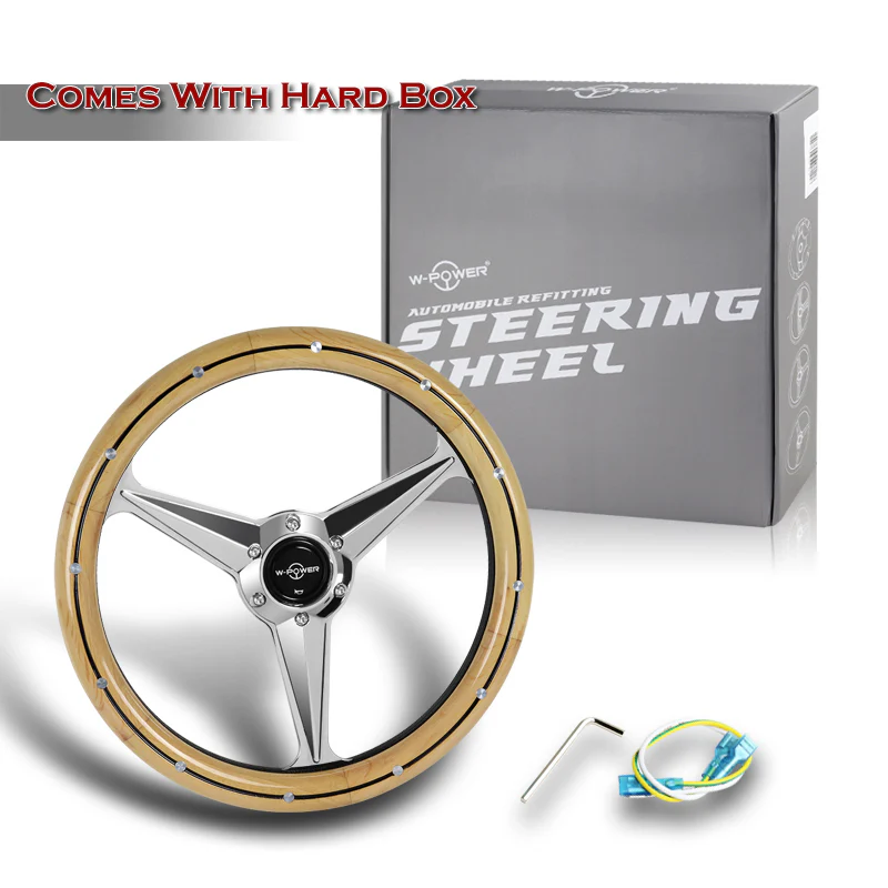 W-Power 14" 350mm 6-Bolt Hole Vintage Style Oak Wood With Billet Stripe Grip Aluminum Finished 3-Spoke Steering Wheel - Image 5