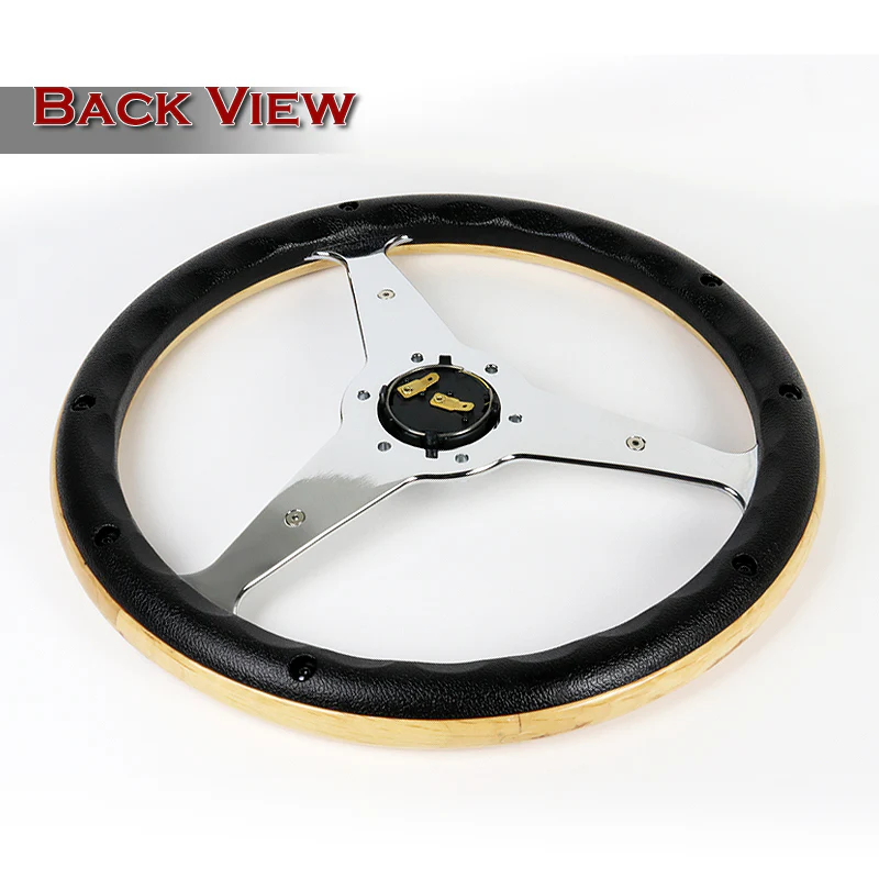W-Power 14" 350mm 6-Bolt Hole Vintage Style Oak Wood With Black Line Grip Aluminum Finished 3-Spoke Steering Wheel - Image 4