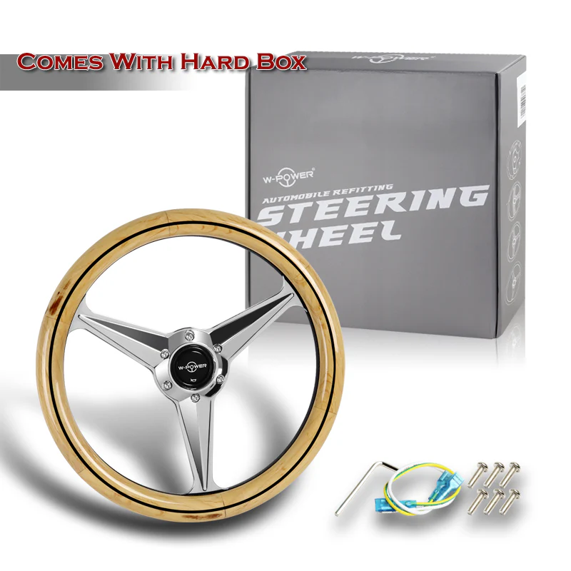 W-Power 14" 350mm 6-Bolt Hole Vintage Style Oak Wood With Black Line Grip Aluminum Finished 3-Spoke Steering Wheel - Image 5