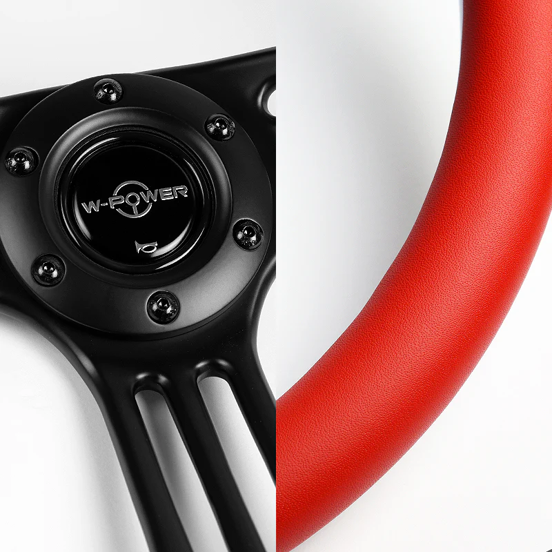 W-Power 14" 350mm 6-Bolt Hole Vintage Style Red Leather Grip With Aluminum Finished 3-Spoke 3 Inches Deep Dish Steering Wheel -Black Center Spoke - Image 3