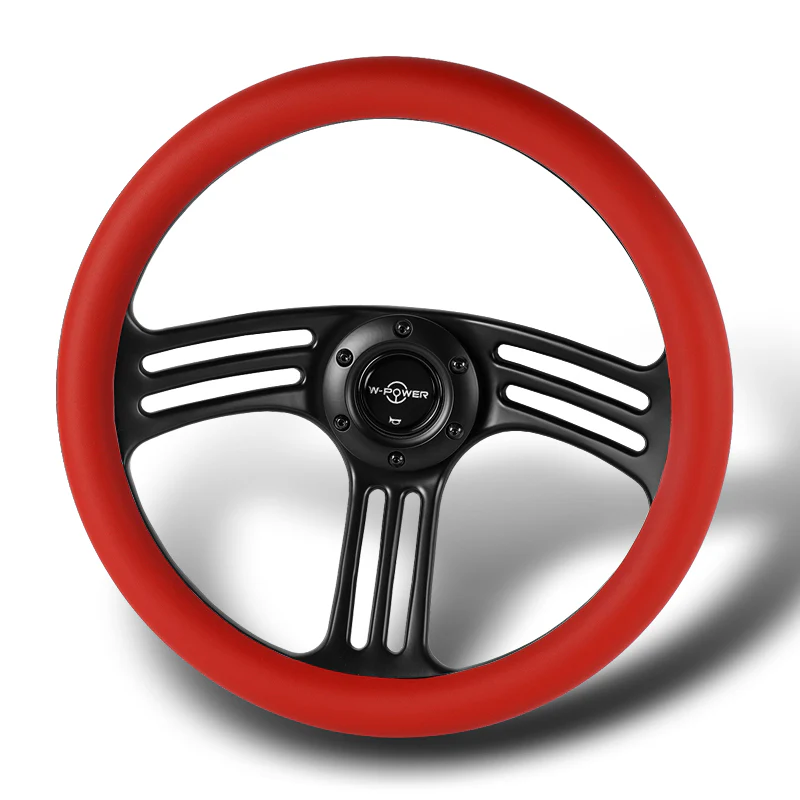 W-Power 14" 350mm 6-Bolt Hole Vintage Style Red Leather Grip With Aluminum Finished 3-Spoke 3 Inches Deep Dish Steering Wheel -Black Center Spoke - Image 4